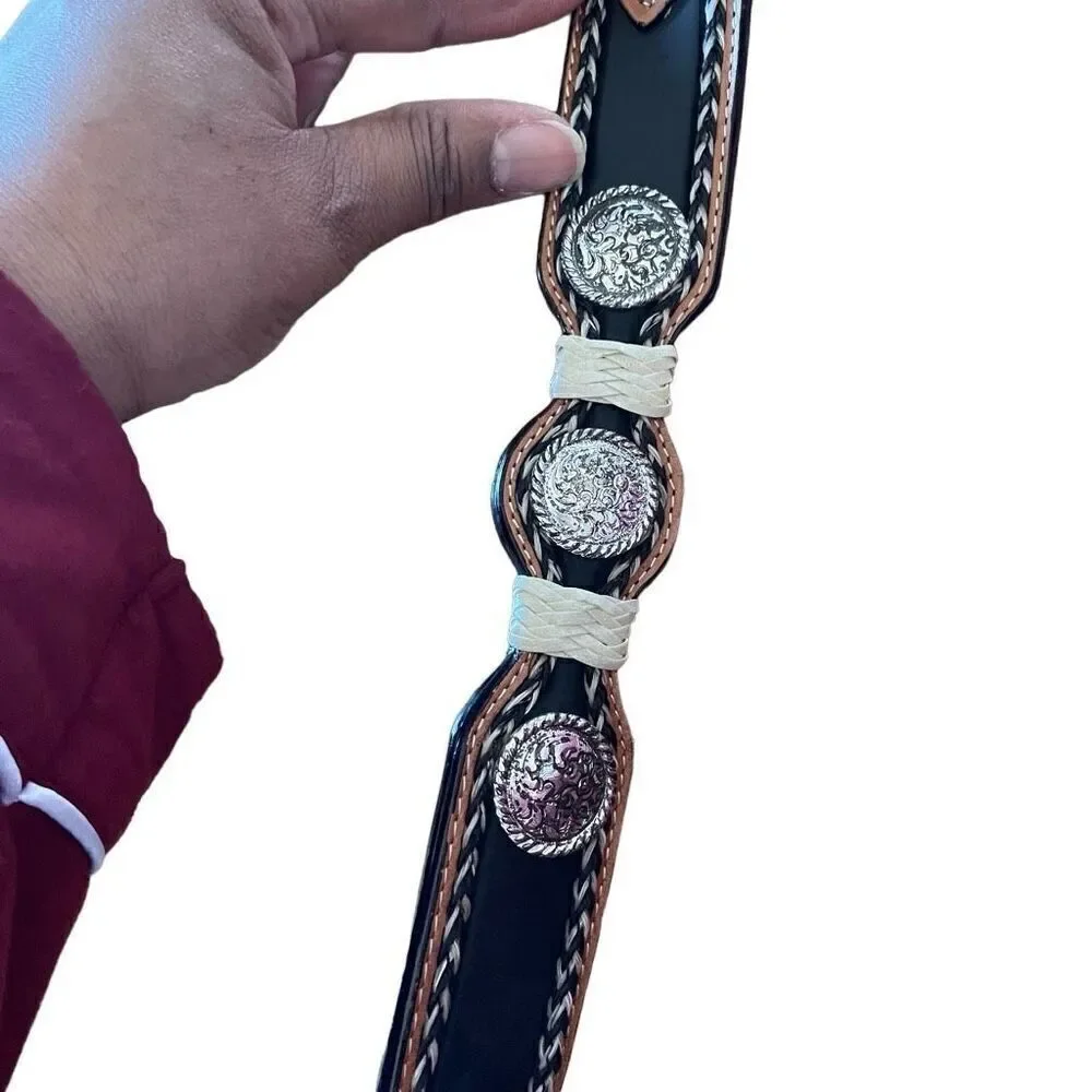 Nocona Mens Leather Belt 40 Horsehair Scalloped Western Cowboy Silver Conchos